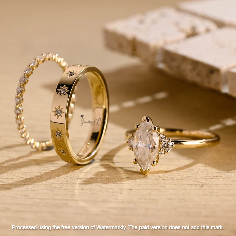 2.09Ct Marquise Cut Diamond Star Wedding Trio Ring Set