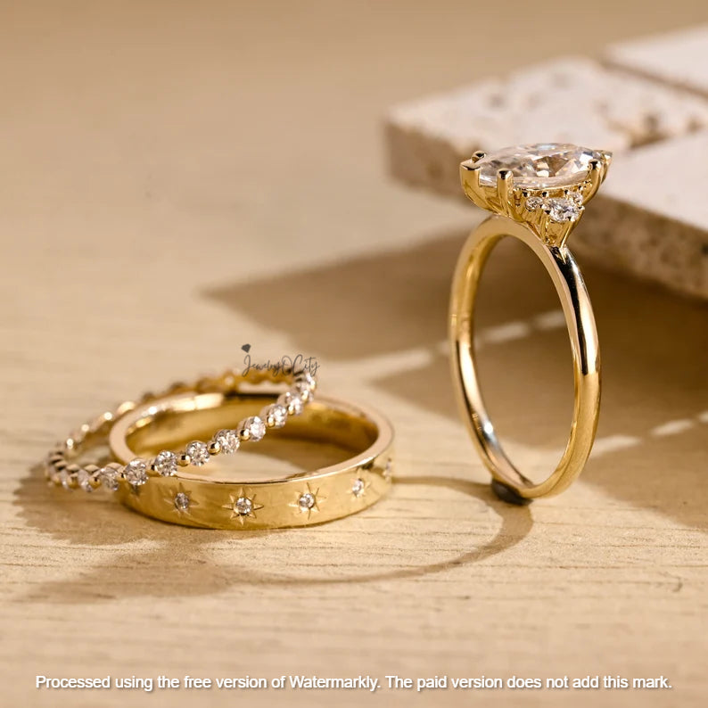 2.09Ct Marquise Cut Diamond Star Wedding Trio Ring Set