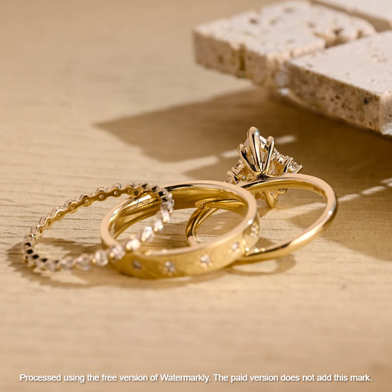 2.09Ct Marquise Cut Diamond Star Wedding Trio Ring Set