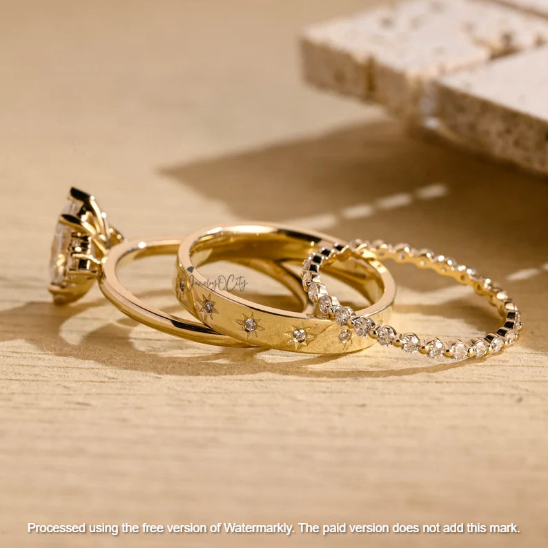 2.09Ct Marquise Cut Diamond Star Wedding Trio Ring Set