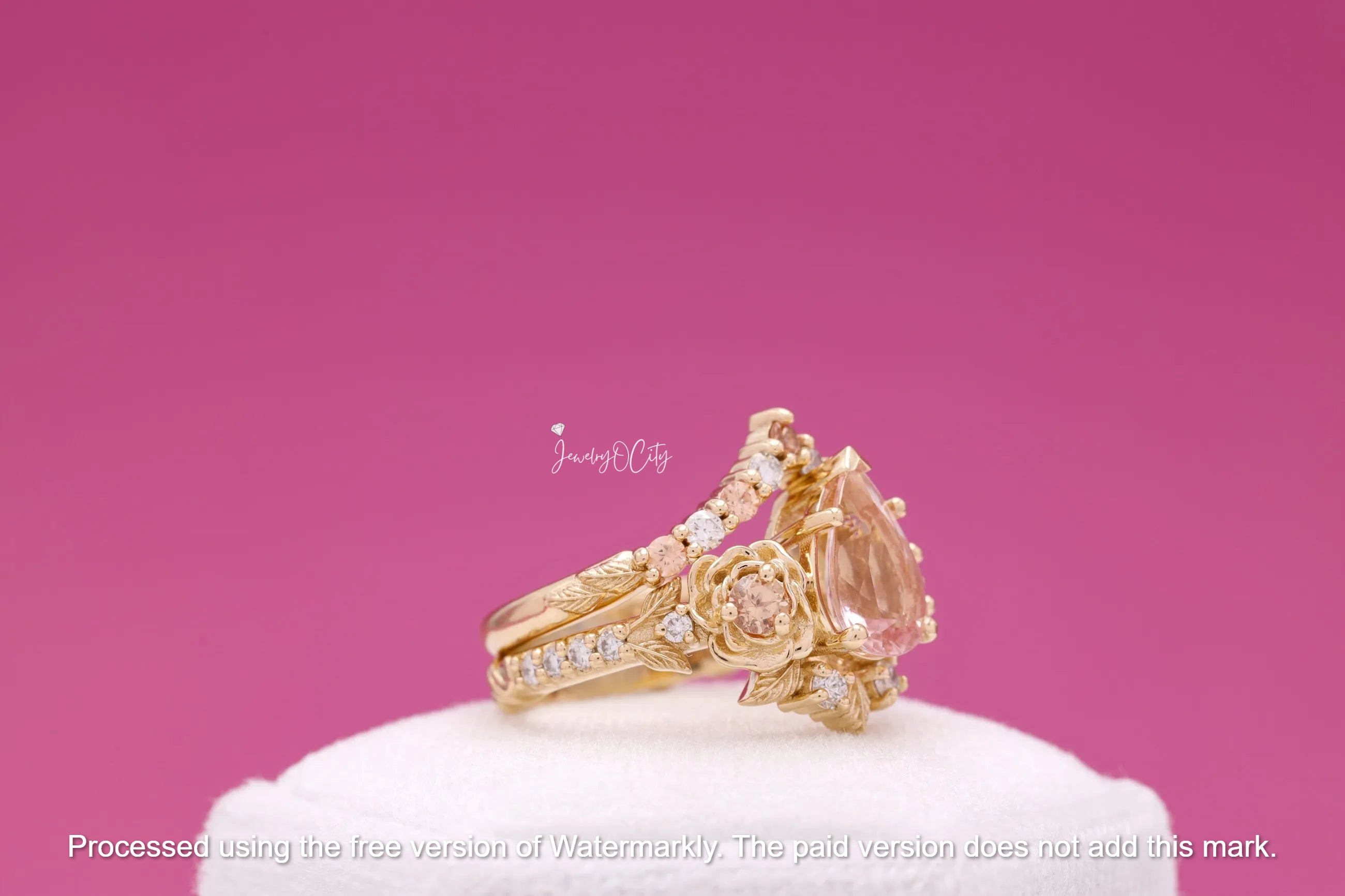 2.50Ct Pear Cut Morganite & Diamond Flower Bridal Ring Set