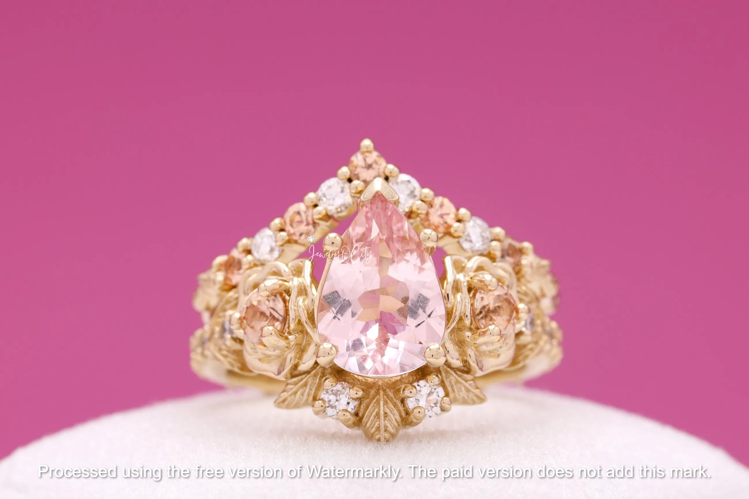 2.50Ct Pear Cut Morganite & Diamond Flower Bridal Ring Set