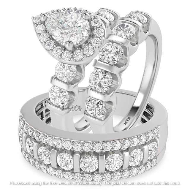 3.20Ct Pear Cut Diamond Five Stone Engagement & Wedding Trio Ring Set