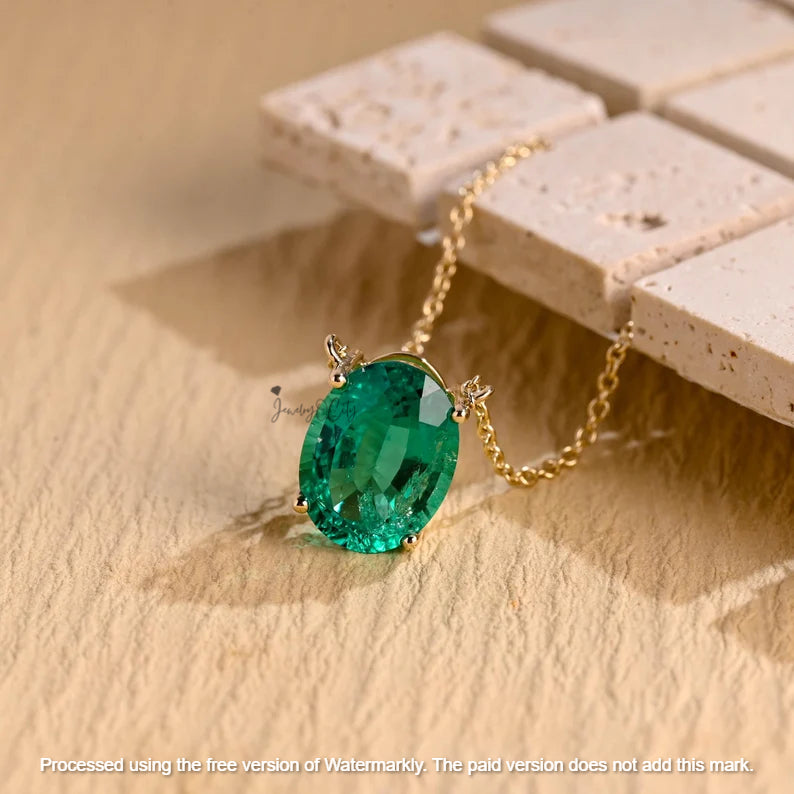 1Ct Oval Cut Green Emerald Solitaire Pendant For Her