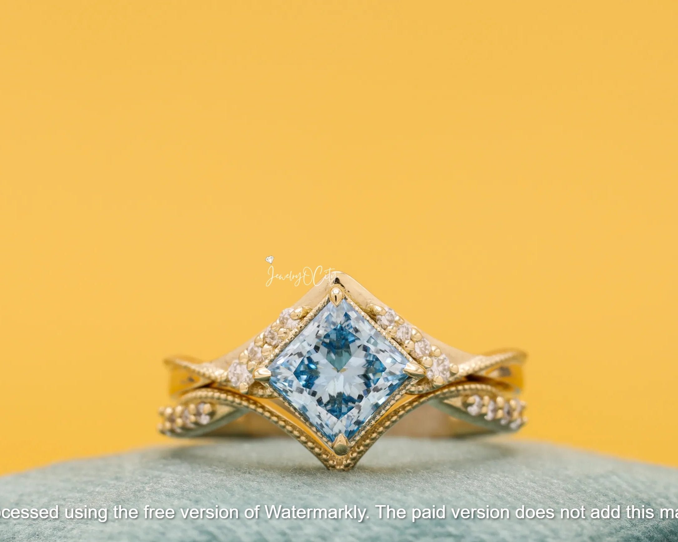 3Ct Princess Cut Aquamarine & Diamond Twisted Bridal Ring Set