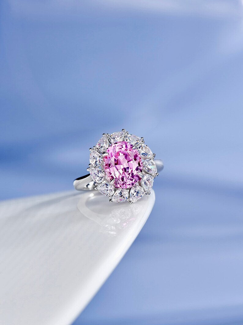 3Ct Oval Cut Pink Sapphire & Diamond Halo Engagement Ring