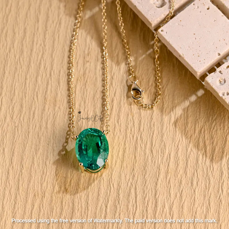 1Ct Oval Cut Green Emerald Solitaire Pendant For Her