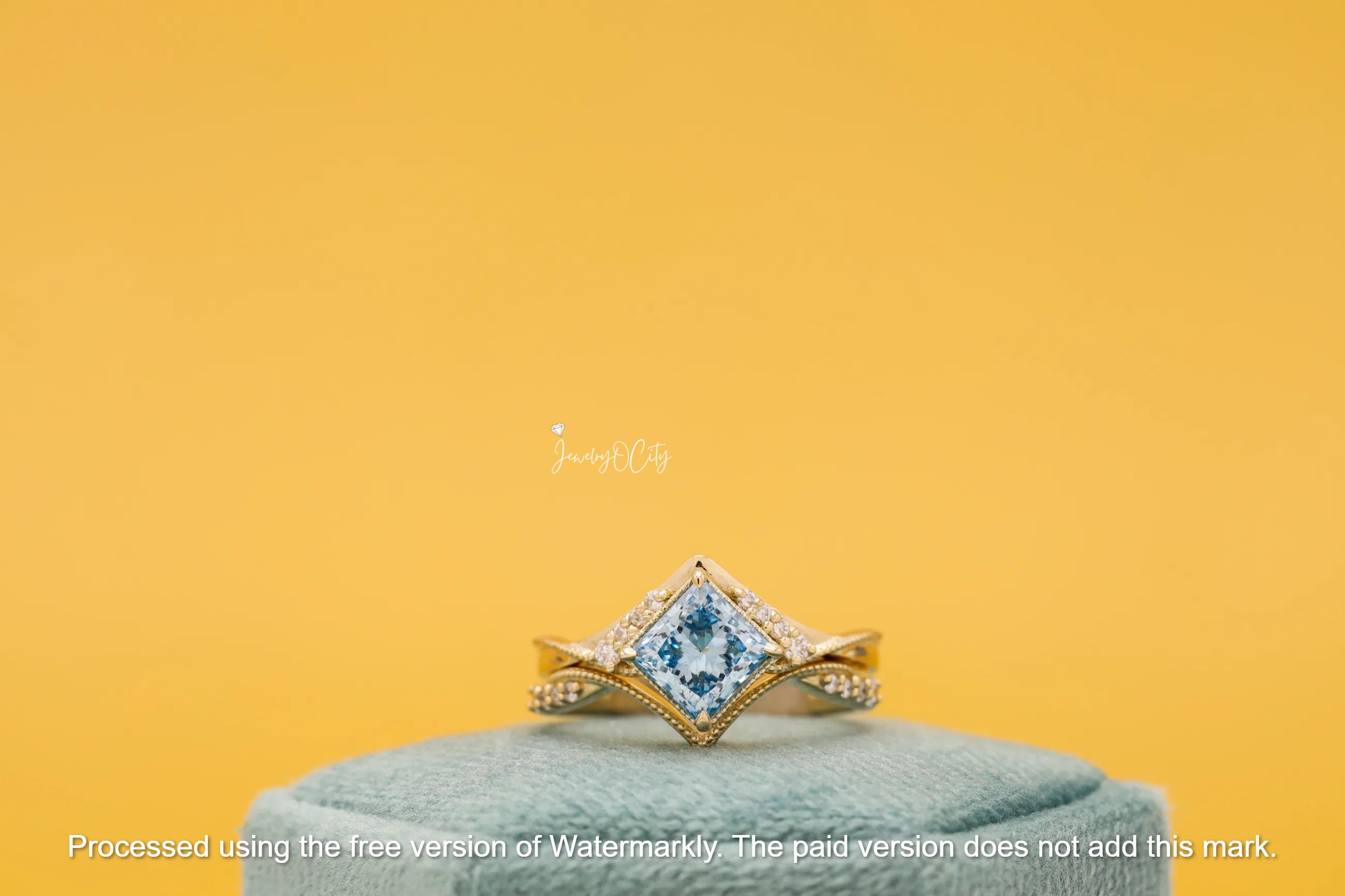 3Ct Princess Cut Aquamarine & Diamond Twisted Bridal Ring Set