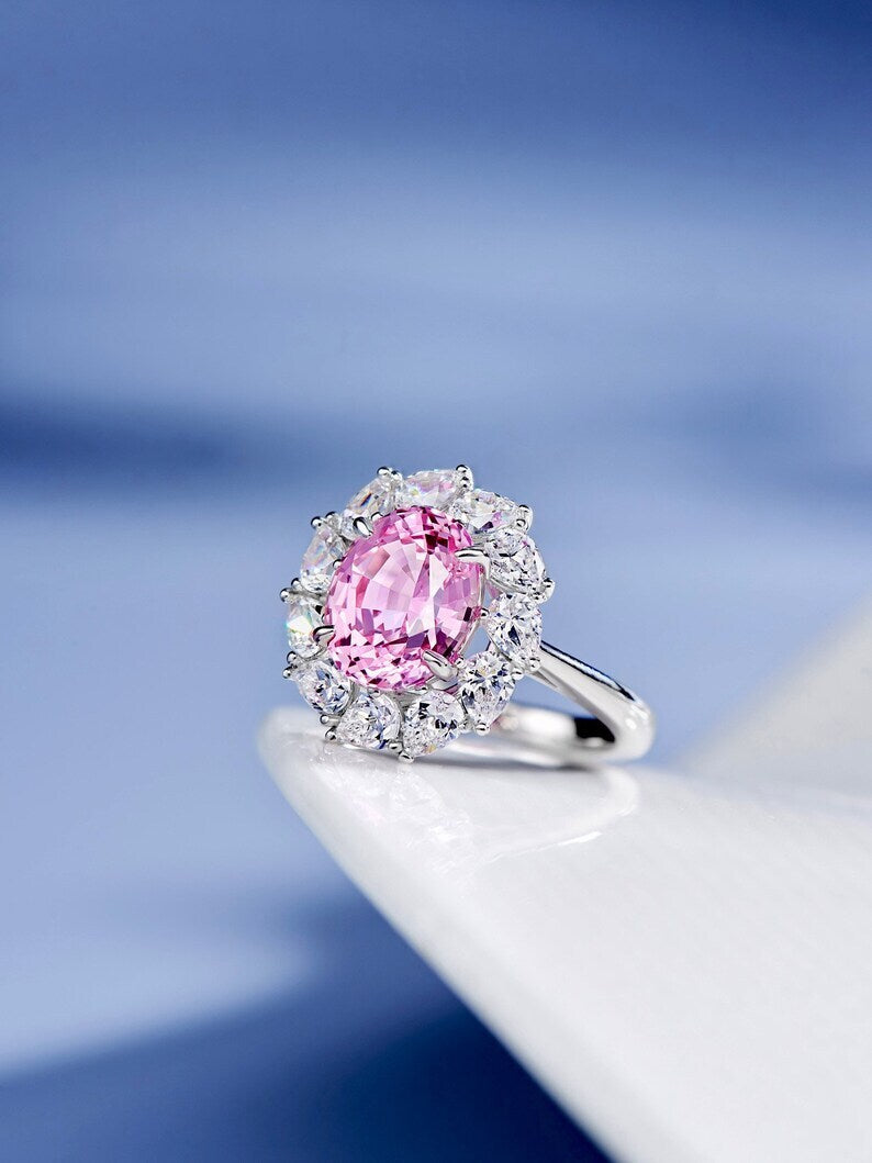 3Ct Oval Cut Pink Sapphire & Diamond Halo Engagement Ring