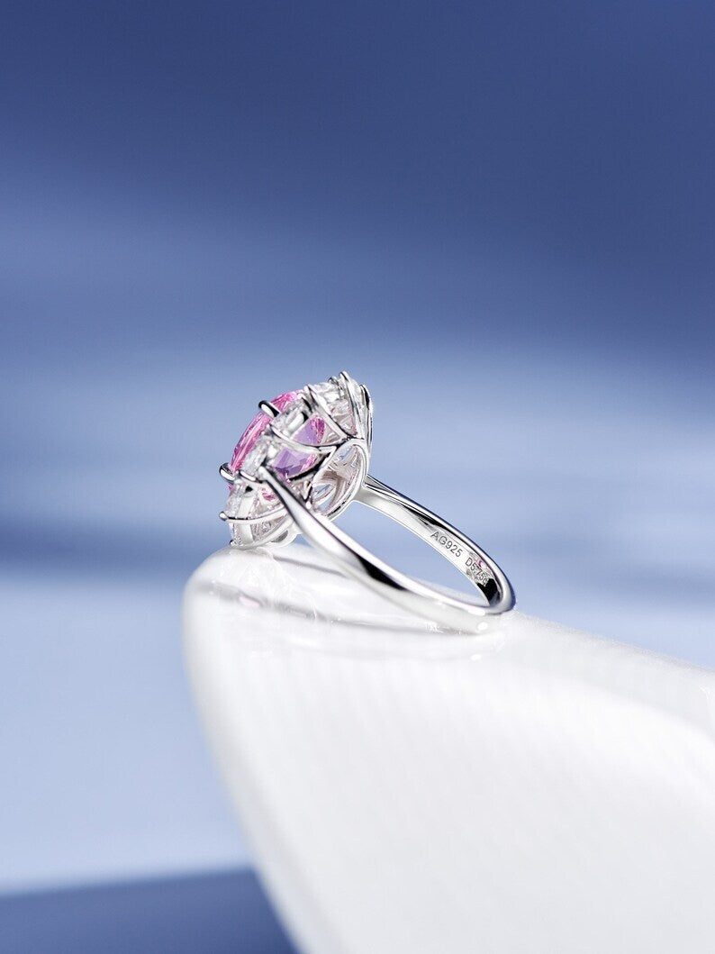 3Ct Oval Cut Pink Sapphire & Diamond Halo Engagement Ring