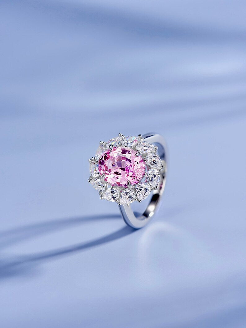 3Ct Oval Cut Pink Sapphire & Diamond Halo Engagement Ring
