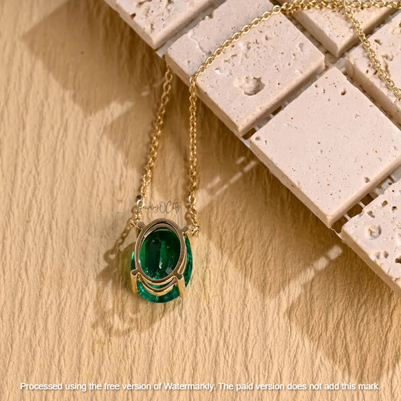 1Ct Oval Cut Green Emerald Solitaire Pendant For Her