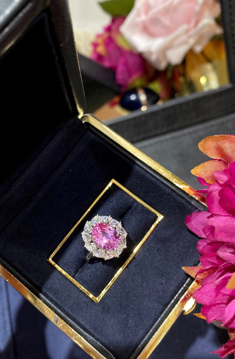 3Ct Oval Cut Pink Sapphire & Diamond Halo Engagement Ring