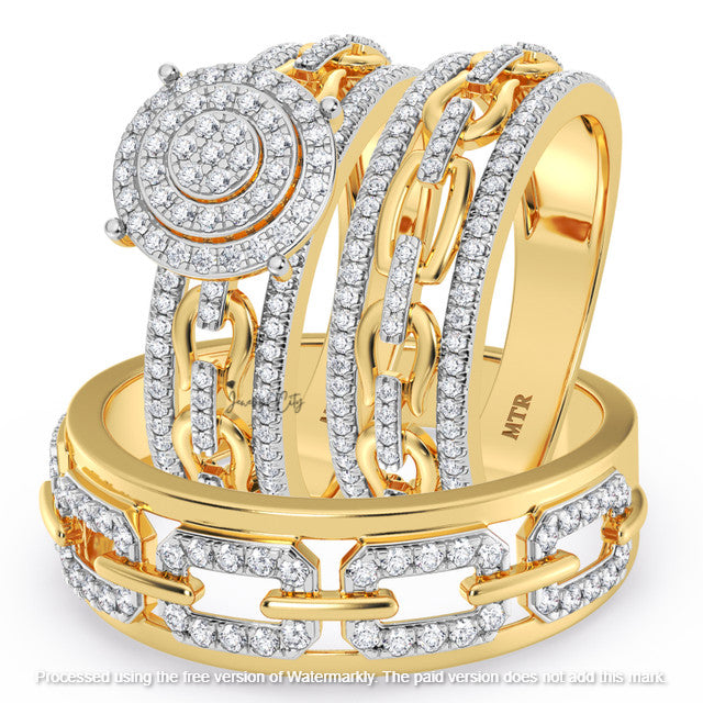 3.60Ct Round Cut VVS1 Diamond Chain Style Wedding Trio Ring Set