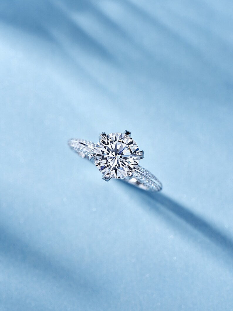 3Ct Round Cut Diamond Solitaire With Accent Engagement Ring