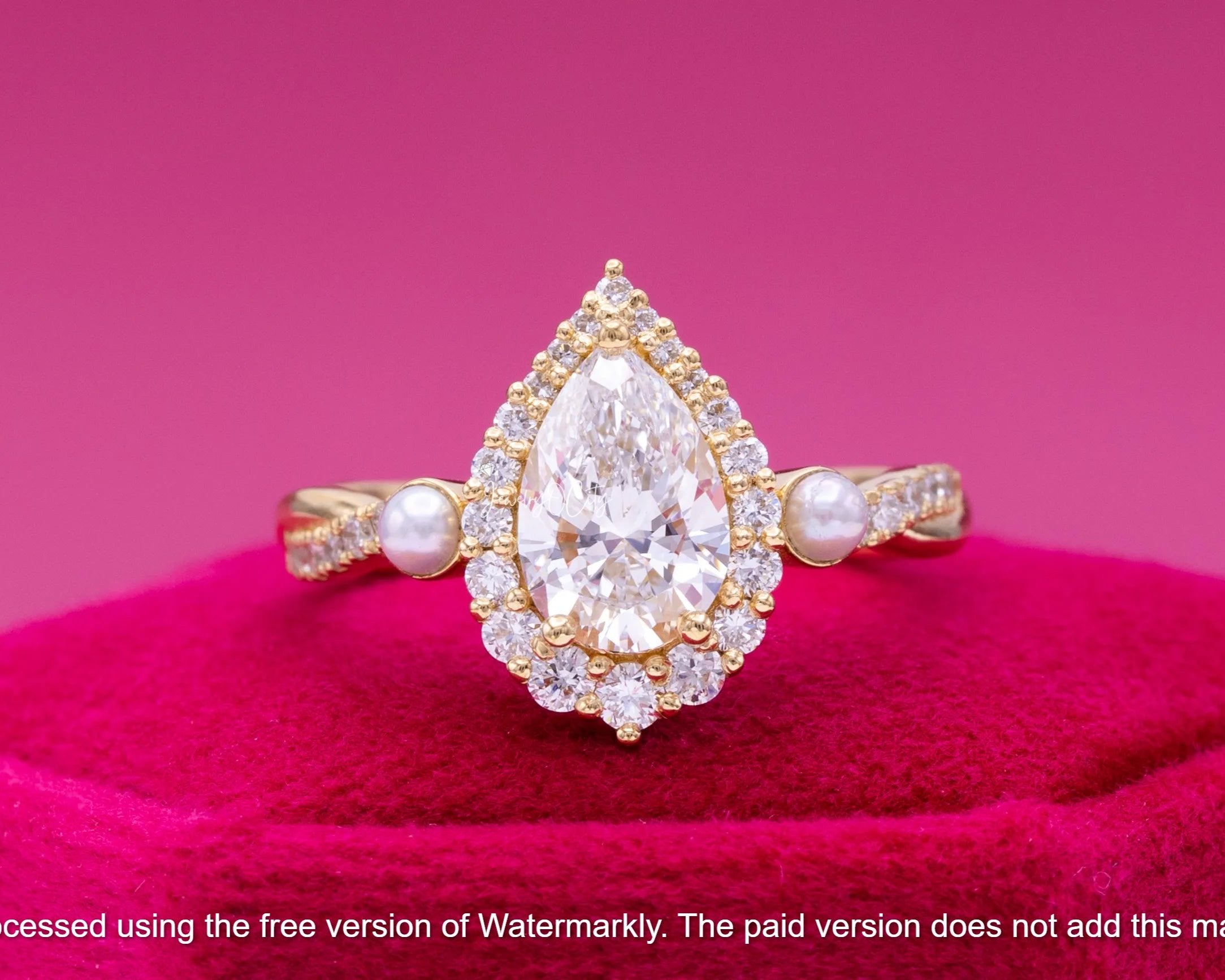 2.50Ct Pear Cut Diamond & Pearl Halo Engagement Ring For Her