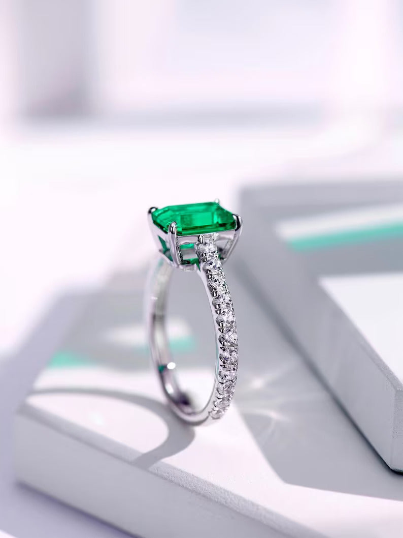 3.50Ct Emerald Cut Green Emerald Diamond Engagement Ring