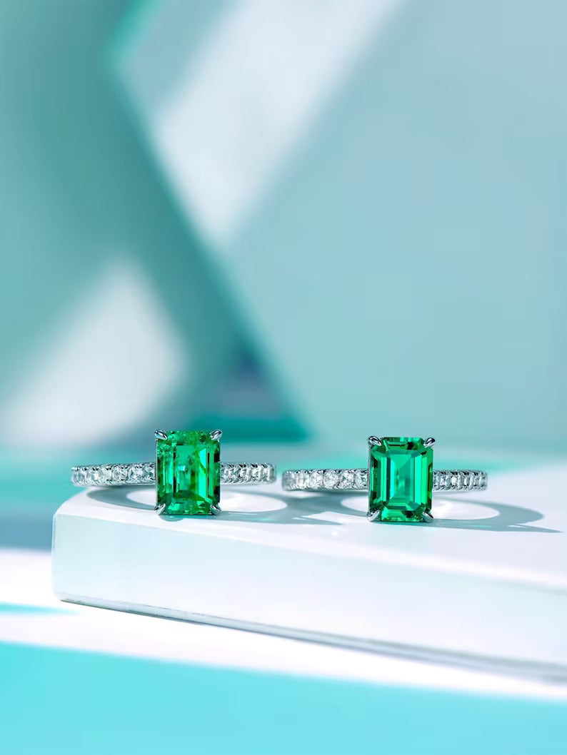 3.50Ct Emerald Cut Green Emerald Diamond Engagement Ring