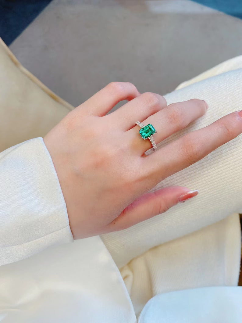 3.50Ct Emerald Cut Green Emerald Diamond Engagement Ring