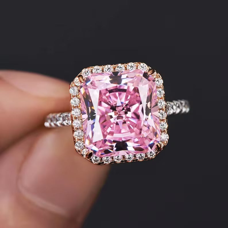 3.90Ct Asscher Cut Pink Sapphire & Diamond Halo Wedding Ring