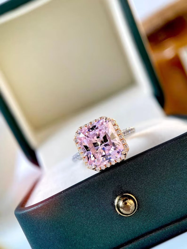 3.90Ct Asscher Cut Pink Sapphire & Diamond Halo Wedding Ring