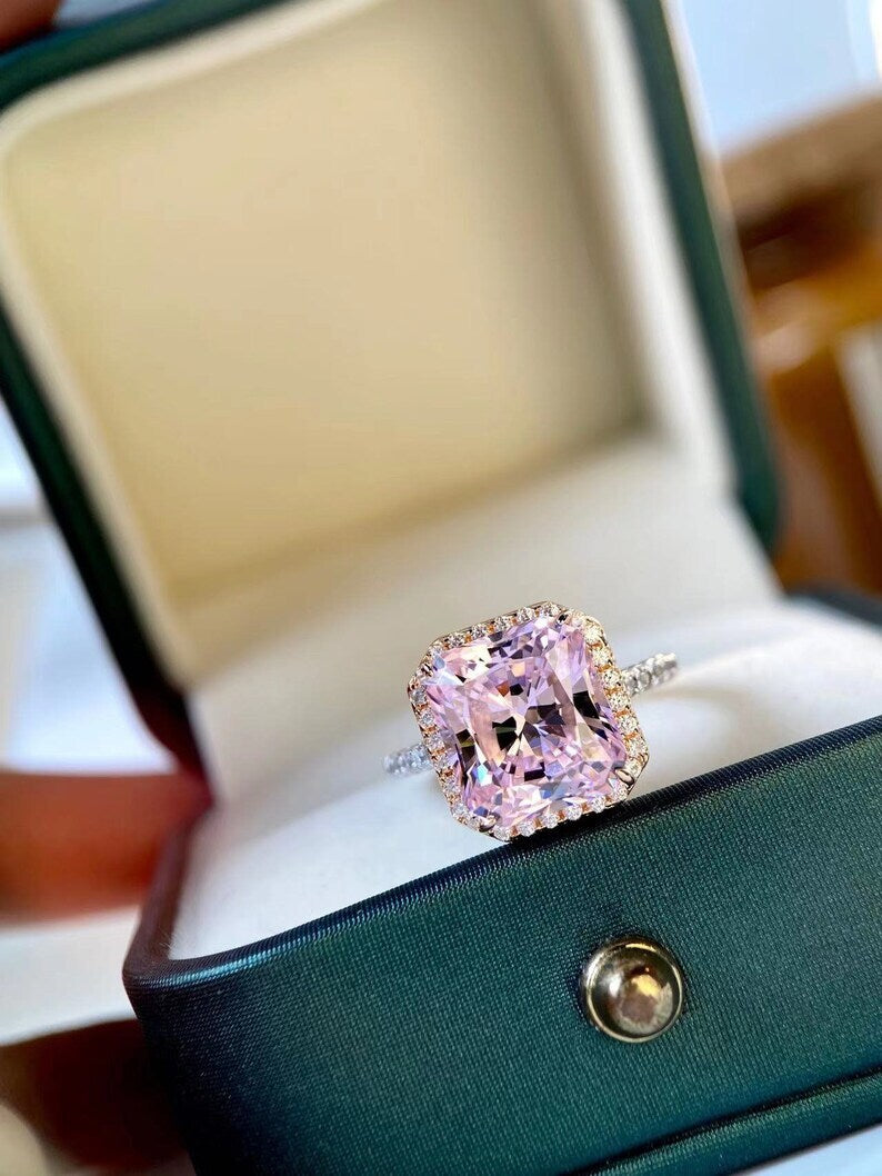 3.90Ct Asscher Cut Pink Sapphire & Diamond Halo Wedding Ring