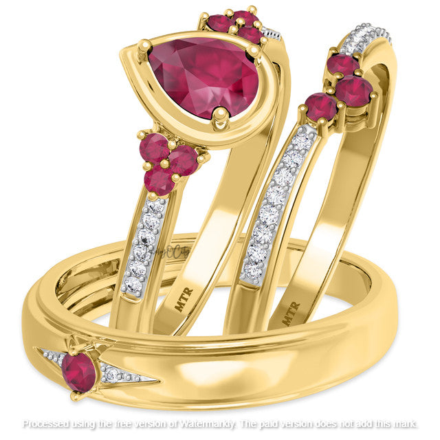 2.74Ct Pear Cut Pink Ruby & Diamond Solitaire/Accent Engagement Trio Ring Set