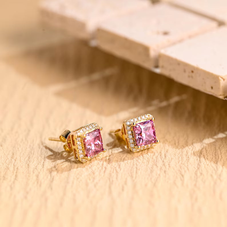 pink gemstone diamond halo earrings