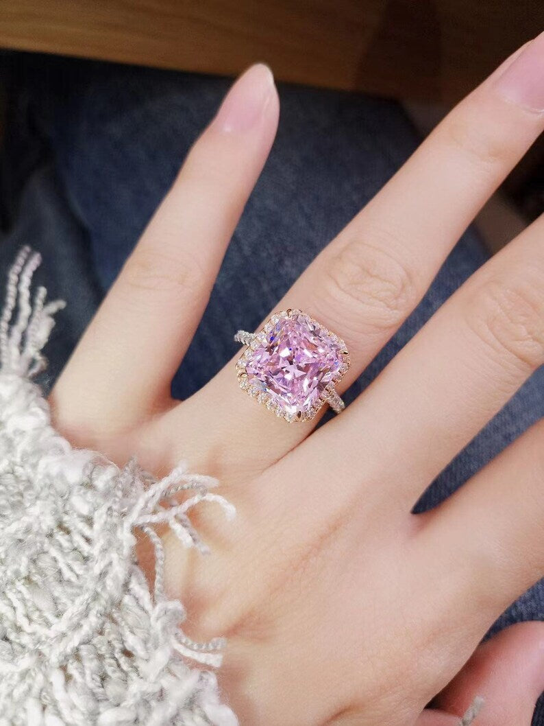 3.90Ct Asscher Cut Pink Sapphire & Diamond Halo Wedding Ring