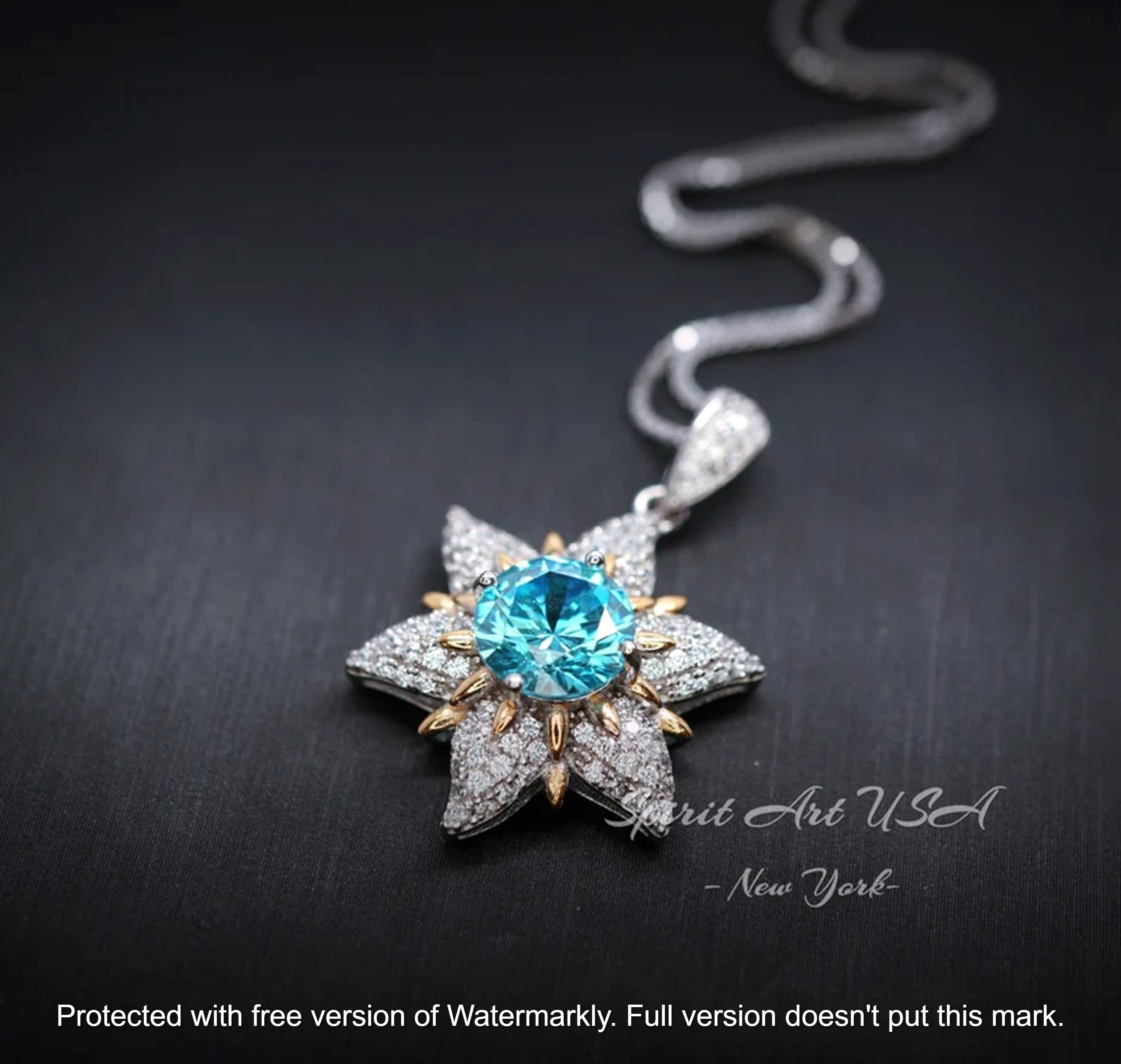3Ct Round Cut Blue Topaz & Diamond Cluster Star Pendant For Her