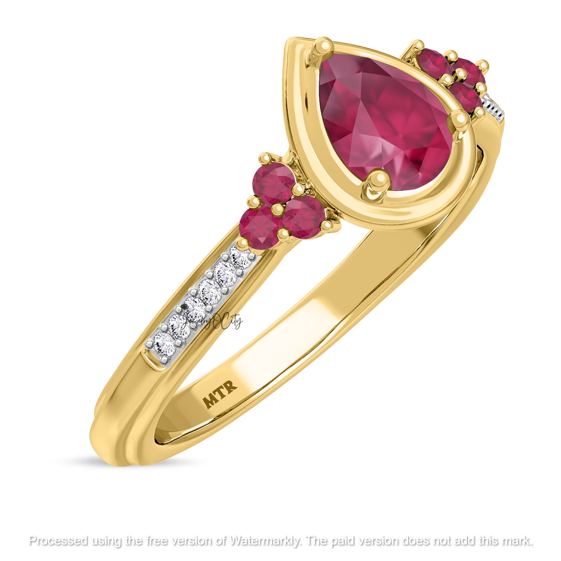 2.74Ct Pear Cut Pink Ruby & Diamond Solitaire/Accent Engagement Trio Ring Set