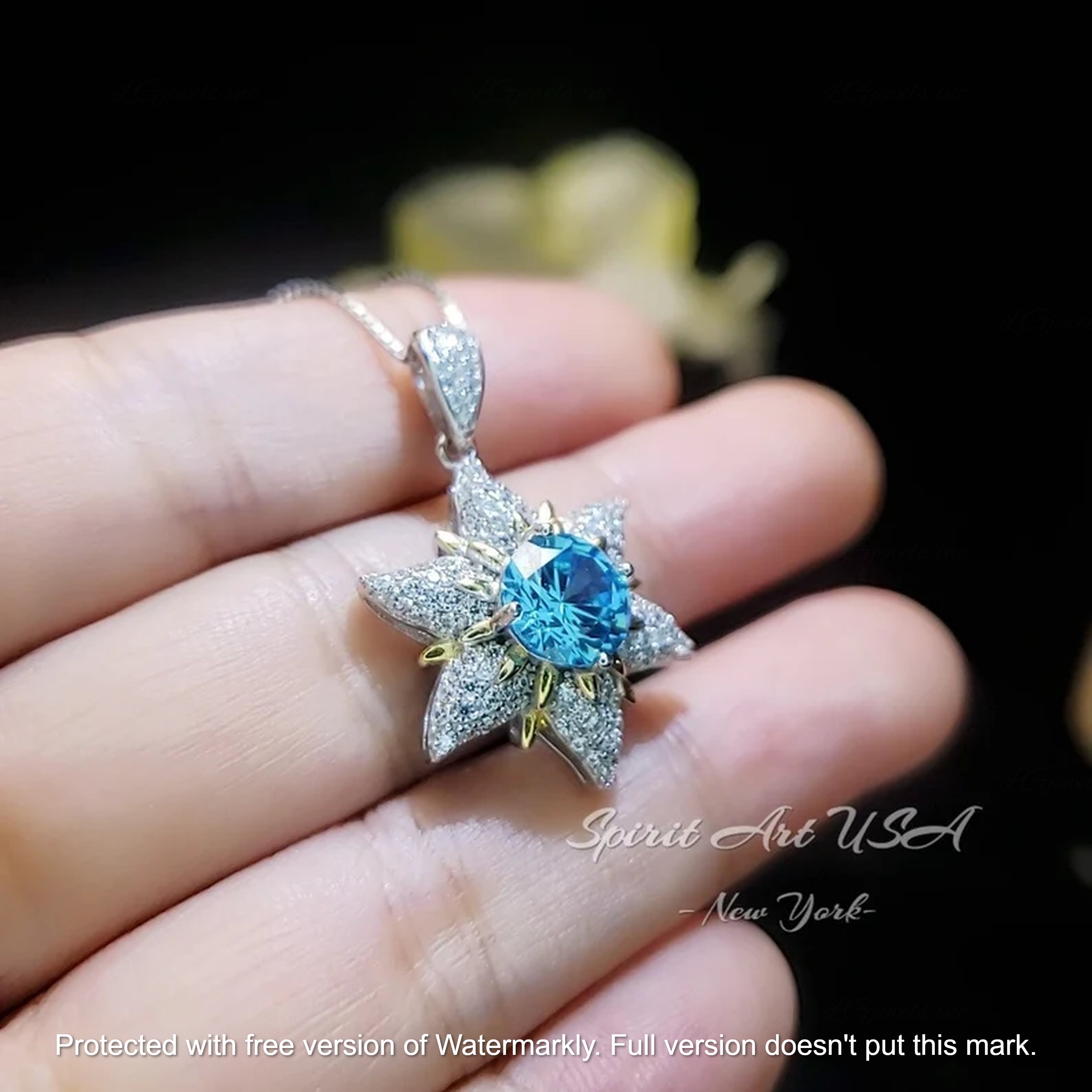 3Ct Round Cut Blue Topaz & Diamond Cluster Star Pendant For Her