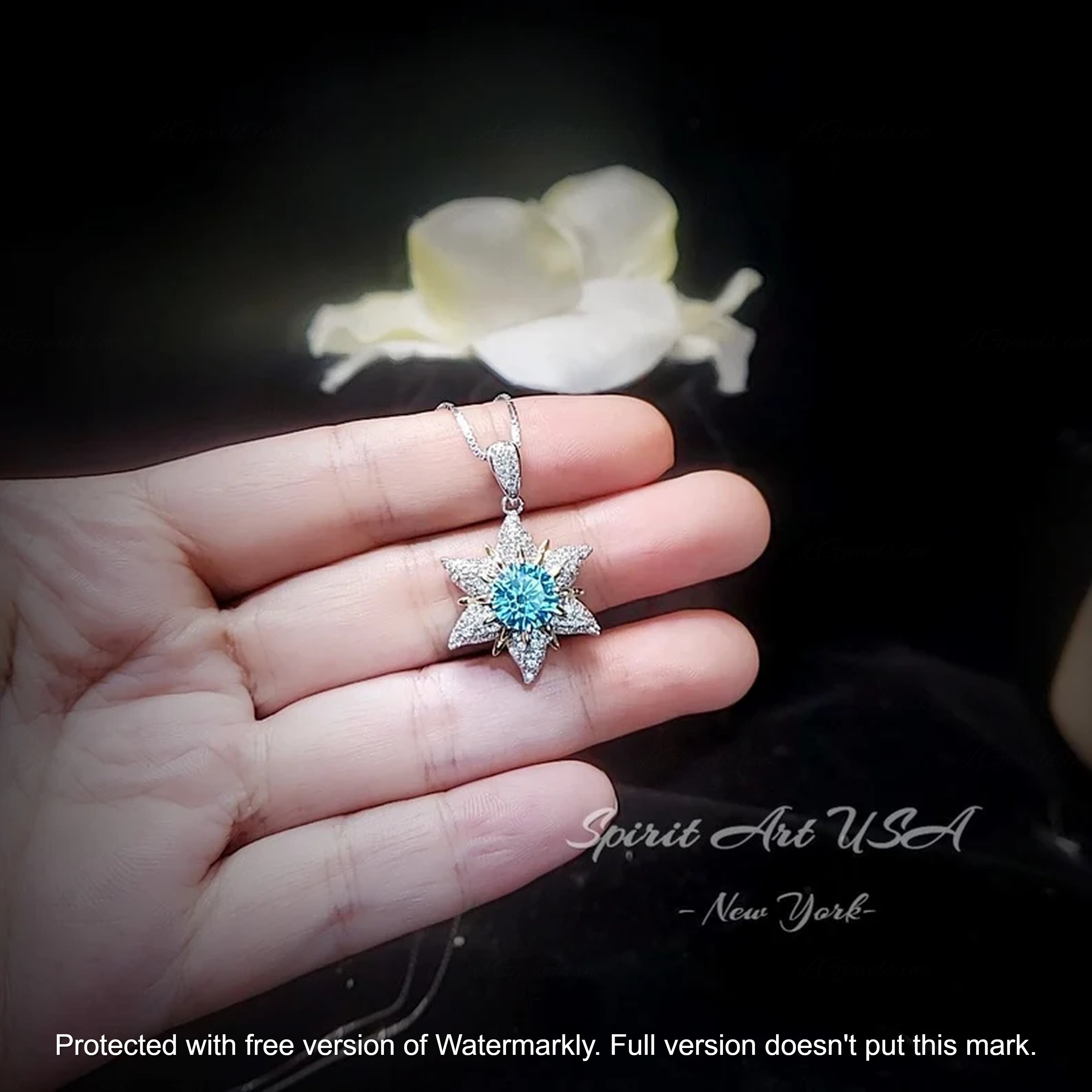 3Ct Round Cut Blue Topaz & Diamond Cluster Star Pendant For Her