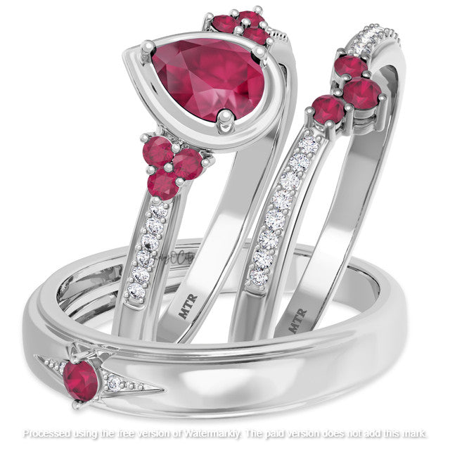 2.74Ct Pear Cut Pink Ruby & Diamond Solitaire/Accent Engagement Trio Ring Set