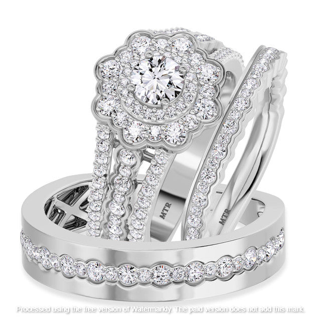3.16Ct Round Cut Diamond Flower Double Halo Anniversary Trio Ring Set
