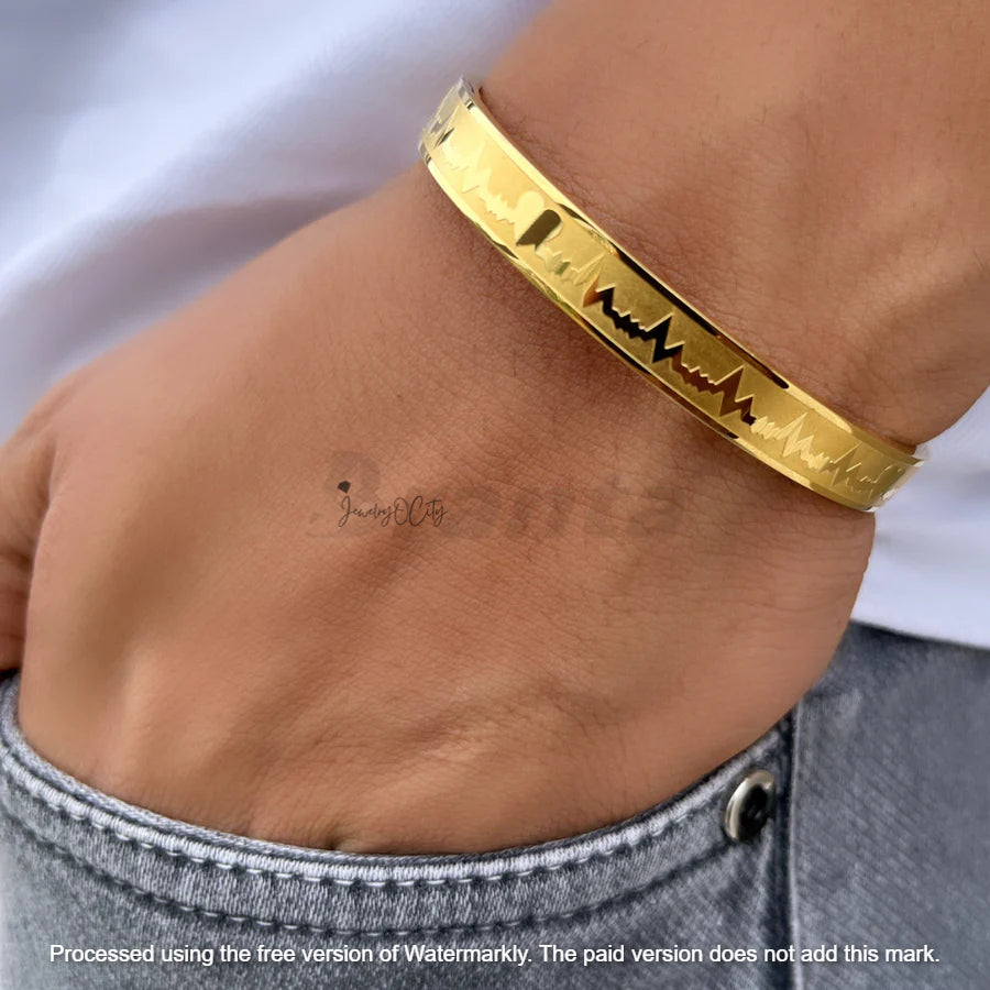 Heartbeat Lifeline Solid Gold Men's Bracelet Bangle