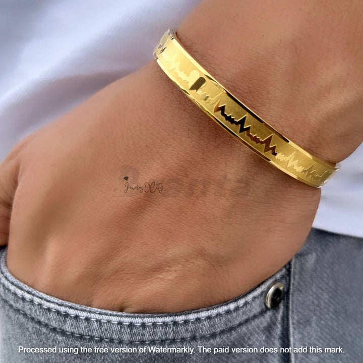 Heartbeat Lifeline Solid Gold Men's Bracelet Bangle