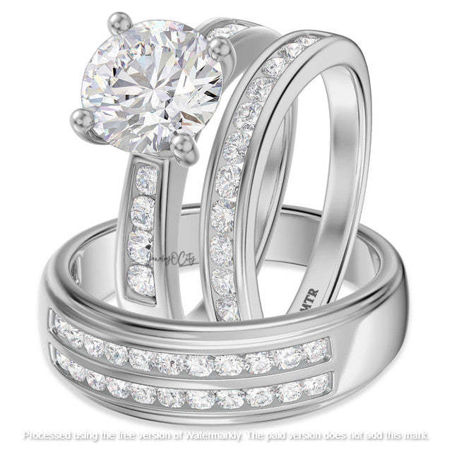2.65Ct Round Cut Diamond Solitaire/Accent Anniversary Trio Ring Set