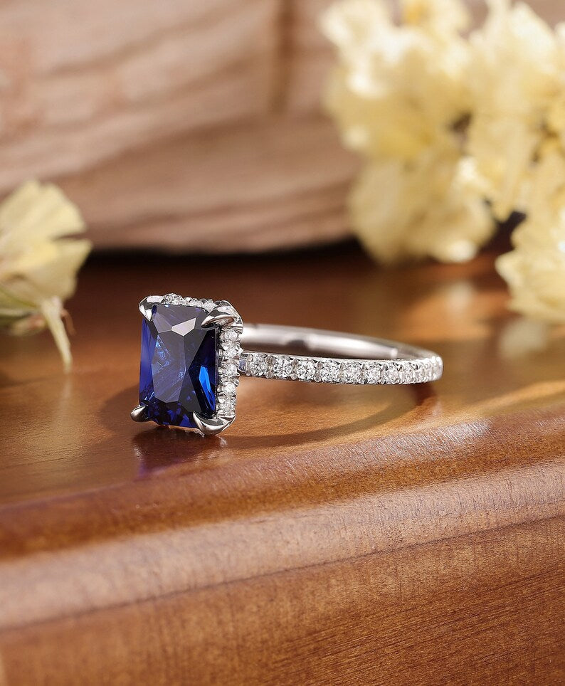3.20Ct Emerald Cut Blue Sapphire & Diamond Halo Engagement Ring