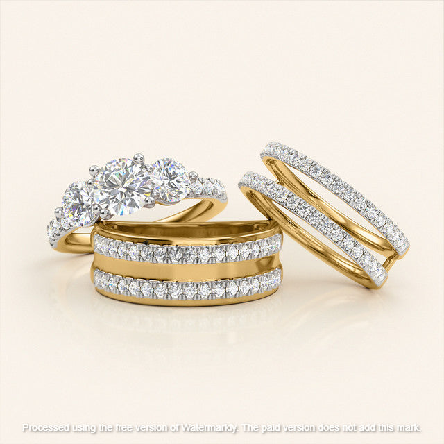 3.10Ct Round Cut Diamond Three Stone Engagement & Wedding Trio Ring Set