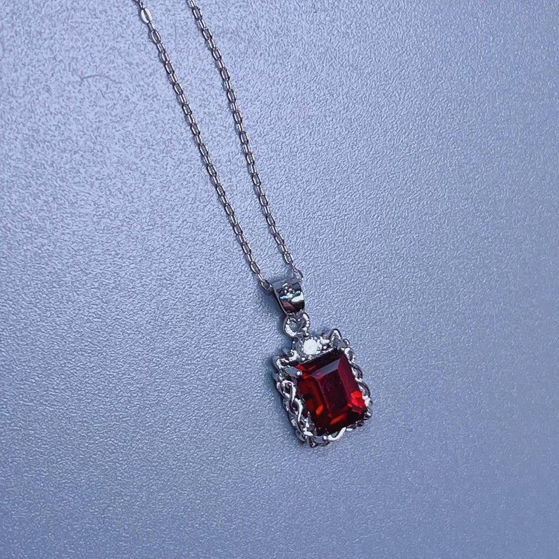 3Ct Emarald Cut Red Garnet & Diamond Halo Pendant For Her