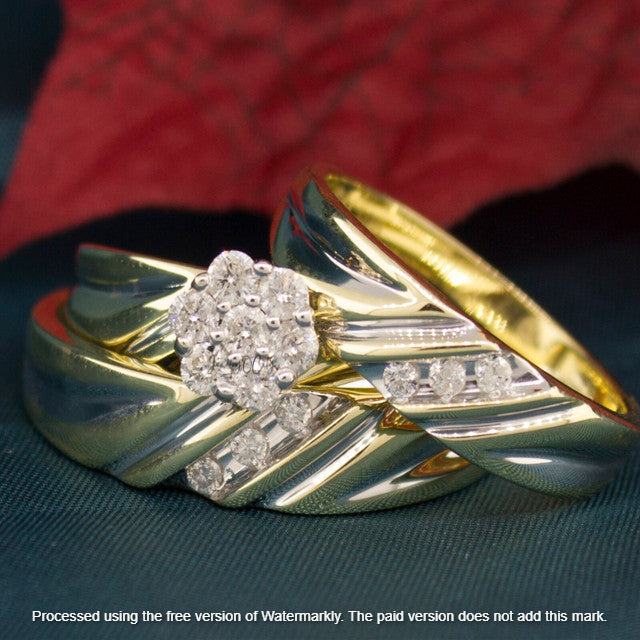 3Ct Round Cut Diamond Cluster Curve Engagement & Wedding Trio Ring Set