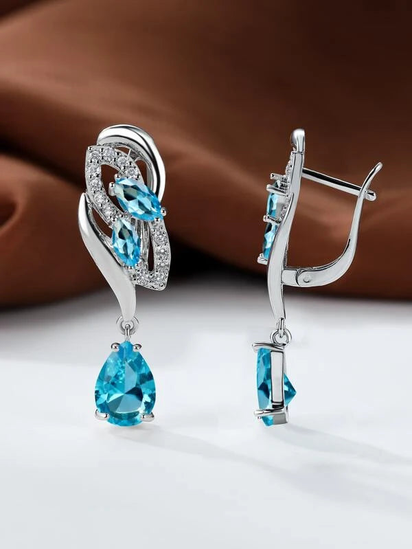 2Ct Pear Cut Blue Topaz & Diamond Drop & Dangle Flower Earrings For Her