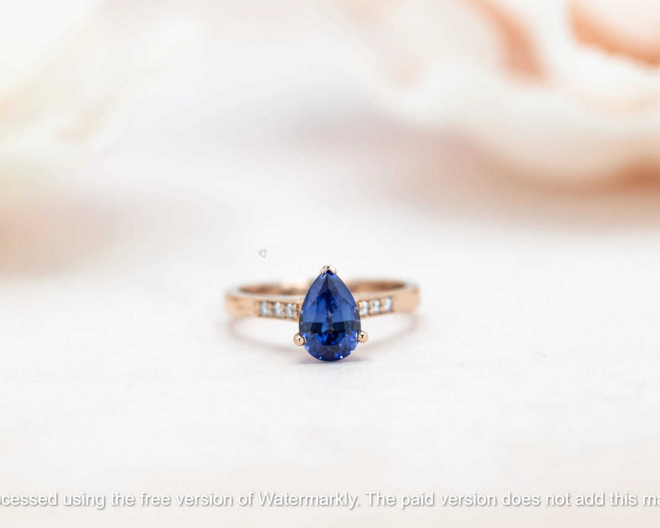 2.50Ct Pear Cut Blue Sapphire & Diamond Solitaire Accent Ring