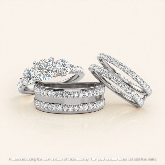 3.10Ct Round Cut Diamond Three Stone Engagement & Wedding Trio Ring Set