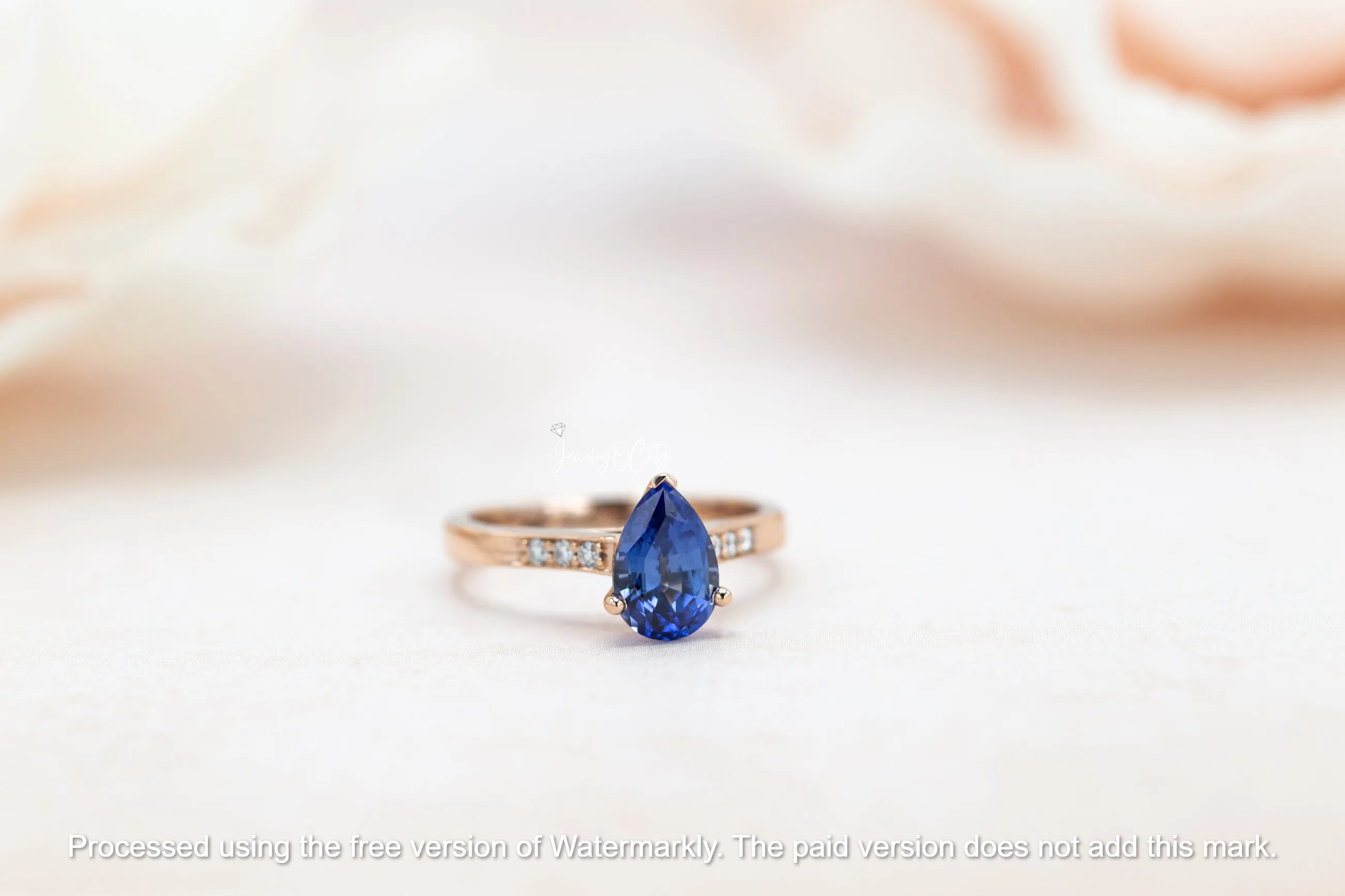 2.50Ct Pear Cut Blue Sapphire & Diamond Solitaire Accent Ring