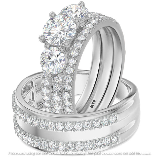 3.10Ct Round Cut Diamond Three Stone Engagement & Wedding Trio Ring Set
