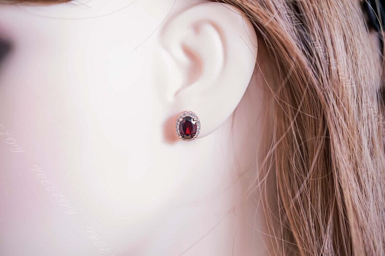 2.50Ct Oval Cut Red Garnet & Diamond Halo Stud Earrings For Her
