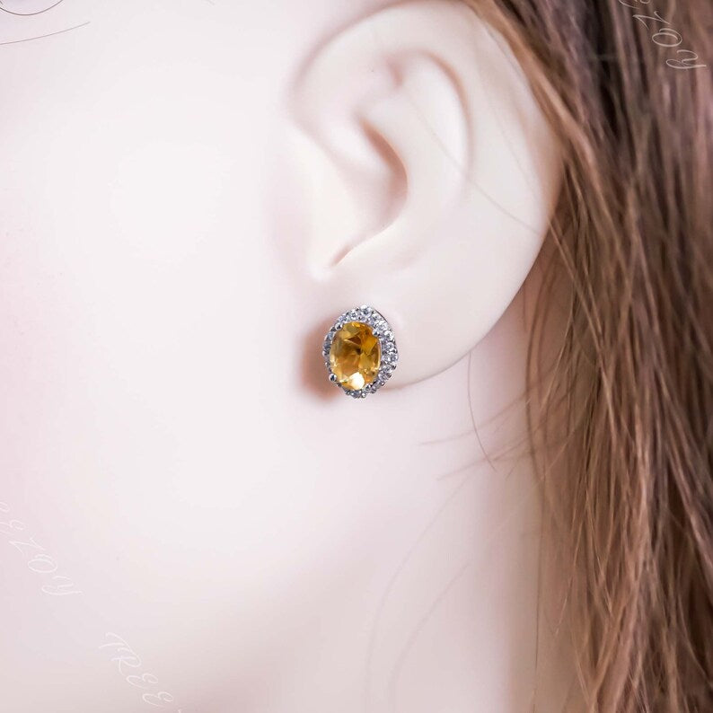 3Ct Oval Cut Canary Citrine Halo Stud Earrings For Her