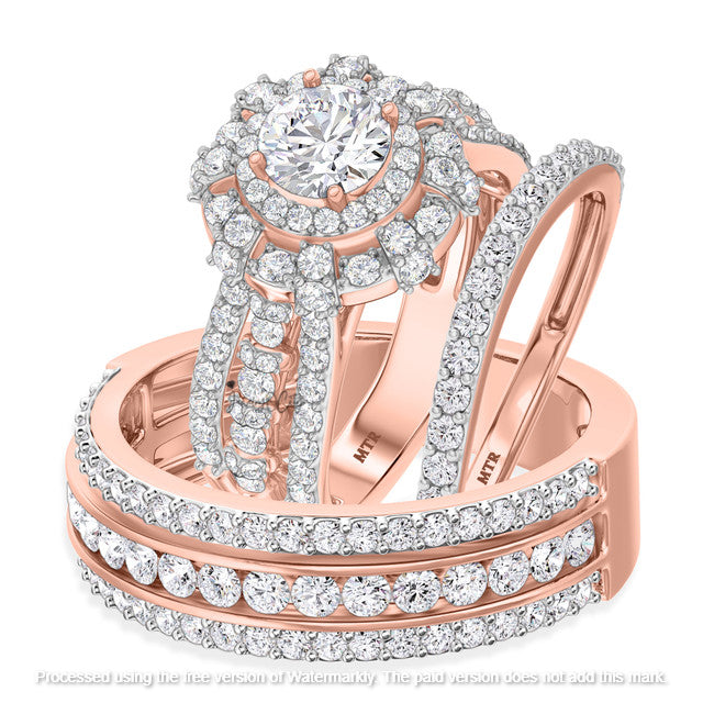 3.60Ct Round Cut Diamond Double Halo Leaf Anniversary Trio Ring Set